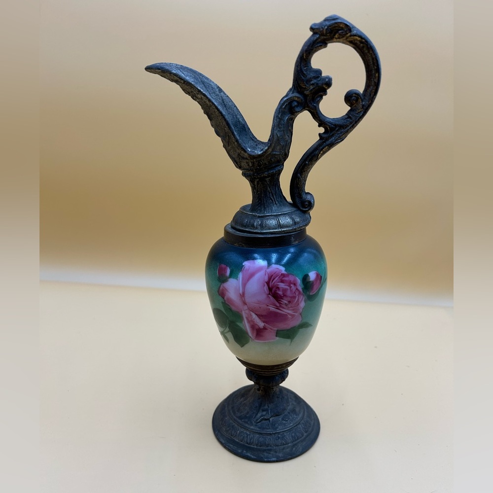 Antique Pewter hand painted rose, cast metal, Victorian, pink
